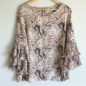 Cato Plus Size Pink Paisley Floral Pleated Tiered Ruffle Sleeve Dress Blouse